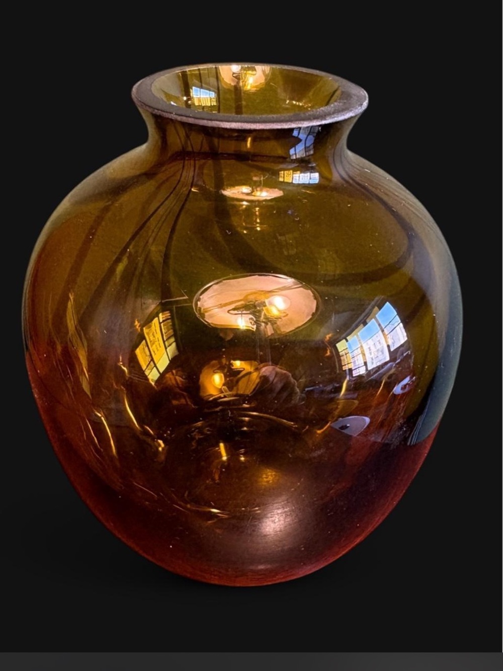 Vintage amber-colored hand-blown small glass vase w/ brown swirls